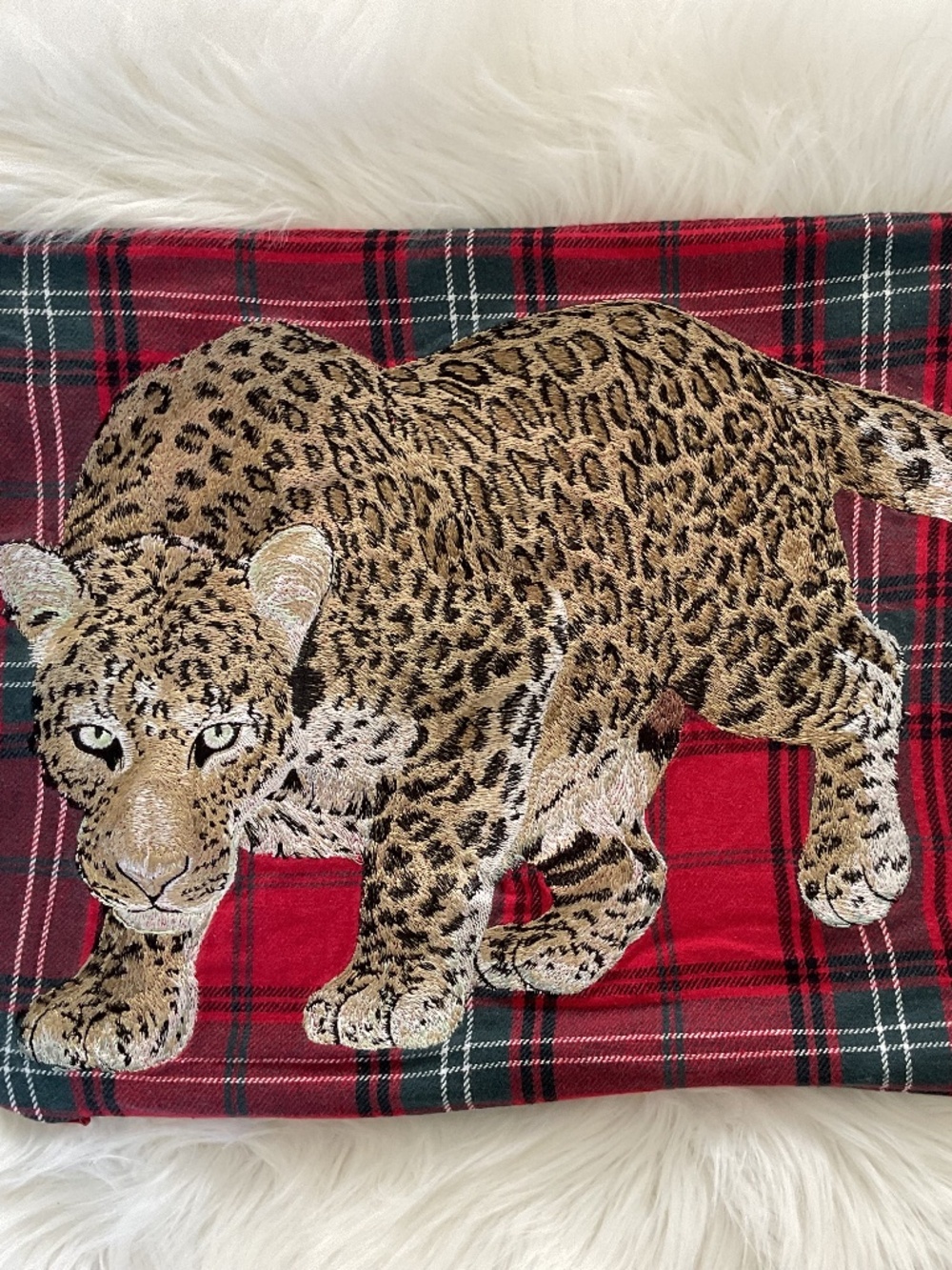 Williams Sonoma Home Leopard Embroidered Tartan Lumbar Pillow Cover Red 14”x22”